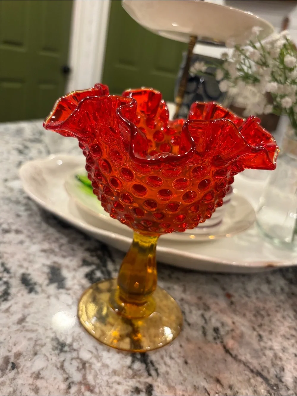 Vintage-Inspired Red Amber Hobnail Glass Compote - Fenton